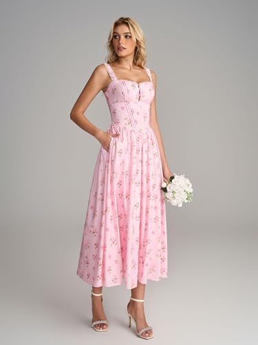 Image of KUTUMAI Women Summer Corset Midi Floral Wedding Guest Dresses with Pockets | Lace Neck, Smocked Back, Flowy A Line Sundress for 2026 Engagement Photoshoot Bridal Shower Garden Party