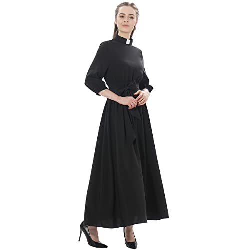 Church Dresses for Women Elegance Audrey Hepburn Style Tab Collar 3/4 Puff Sleeve Swing Maxi Dress with Long Belt4