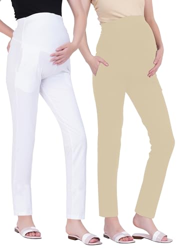 Image of Women's Maternity Leggings with Pockets - Comfortable, High Waist Support and Stretchable Pants for Pregnancy - Pack of 2