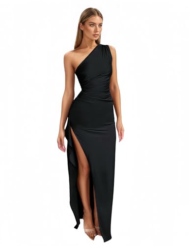 Image of Womens One Shoulder Ruched Side Satin Wedding Guest Dresses Adjustable Straps High Slit Backless Cocktail Maxi Dress