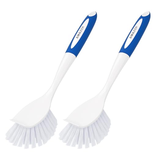 Image of Amazer Dish Brush with Handle, 2 Pack Kitchen Scrub Brushes with Built-in Scraper for Cleaning, Dish Scrubber with Stiff Bristles for Sink, Pots, Pans (Blue+Blue)