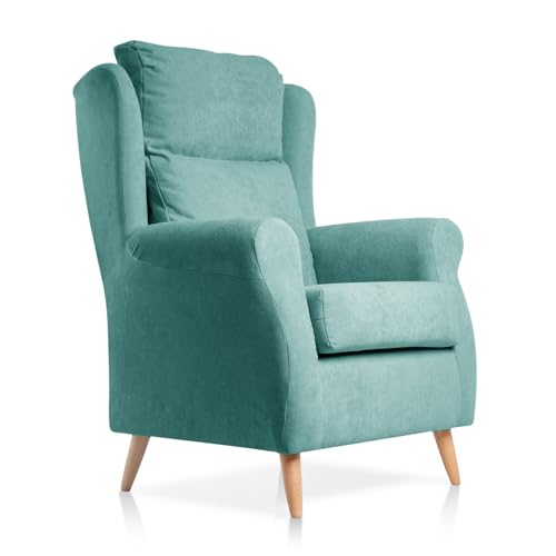 SUENOSZZZ-ESPECIALISTAS DEL DESCANSO Sillón orejero Dulce con Patas nórdicas butaca tapizada en Tela Antimanchas Color Turquesa