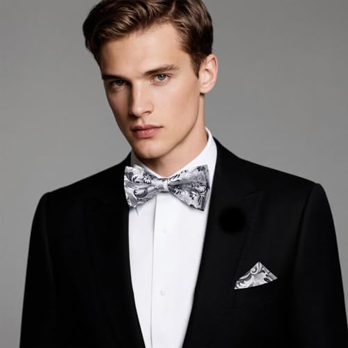 Image of Hi-Tie Bow Ties for Men Pre-Tied Pocket Square with Cufflinks Mens Bowtie Sets for Wedding Formal Party