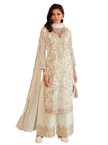 Image of INDO ERA Women's Chinon Ethnic Motifs Embroidered Straight Kurta & Palazzo with Dupatta Set (IEOUT11705)