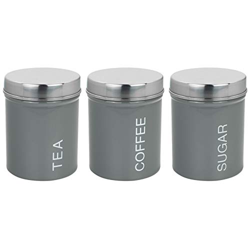 Harbour Housewares 3 Piece Contemporary Tea Coffee Sugar Canister Set - Steel Kitchen Storage Caddy with Rubber Seal - Grey - 10cm