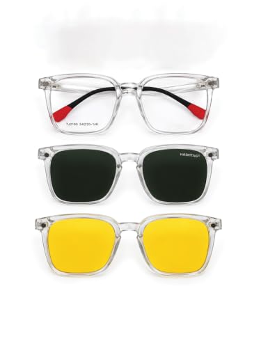 Image of HASHTAG EYEWEAR 3-in-1 Magnetic Clip-On Polarized Sunglasses for Men | Spectacle Frame with UV400 Protection | Day & Night Magnetic Glasses | Clip-On Eyewear for Men