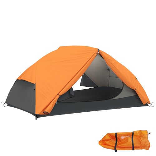 Outsunny Tienda de campaña para 2 personas con 2 vestíbulos impermeables, tienda domo con 2 puertas y 2 ventanas de malla, bolsillos internos, bolsa de transporte, 280 x 225 x 110 cm, naranja