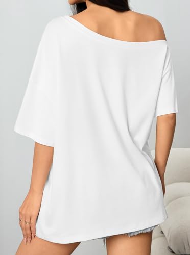 Image of Hilinker Womens Sexy Off The Shoulder Tops Short Batwing Sleeve T Shirt Oversized Casual Tee White Wild West Medium