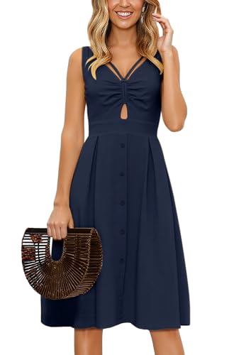 Image of ECOWISH Women 2026 Summer Dresses Tie Front V-Neck Spaghetti Strap Button Down A-Line Backless Swing Midi Dress