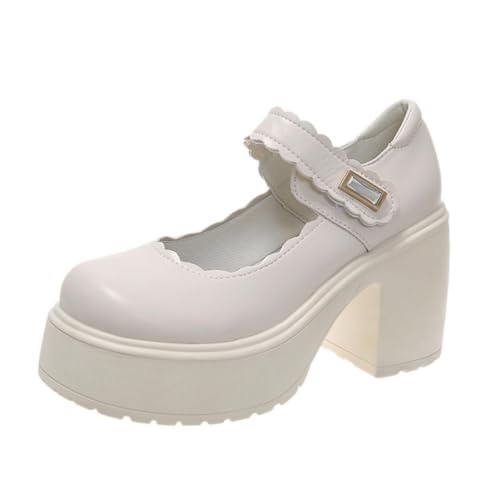 Image of Women's Platform Mary Janes Heart Cat Buckle Rivets Ankle Lolita Gothic Princess Platform Pumps Patent Leather Thorn Vintage Traditional Embroidery Upper Dress Shoes
