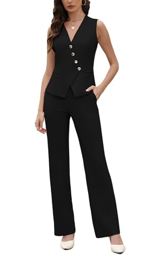 Agenlulu Womens 2 Piece Sets Business Casual Outfits Sleeveless V Neck Blazer Vest and Straight Leg Pants Suit for Work Black