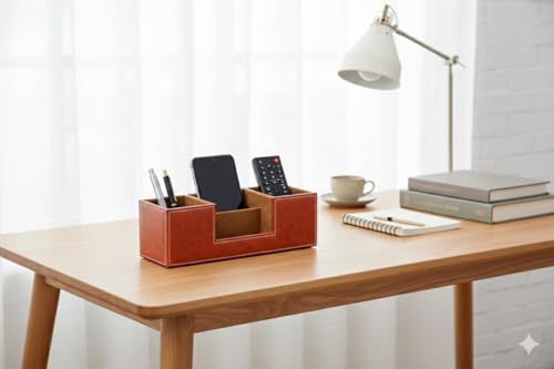 Image of LUVYANSH Pen Stand Compact Desk Organiser Faux Leather Rectangular Stylish Design Use for Storage | Home | Kitchen | Make Up | Card | Mobile | Stationary (Brown)