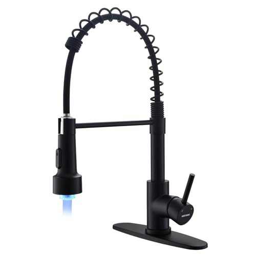 WEWE Kitchen Faucets with LED Light, Kitchen Faucet with Pull Down Sprayer Commercial Stainless Steel Single Handle Spring Farmhouse RV Sink Faucet, Matte Black