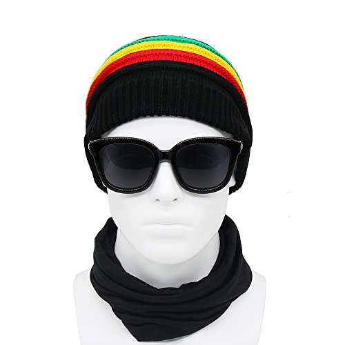 Bandelt Unisex Jamaica Reggae Cap Rasta Slinky Beanie Multi-Colour Striped Slouchy Baggie Beanie Skullies Gorro Rasta Hat, Black, 8