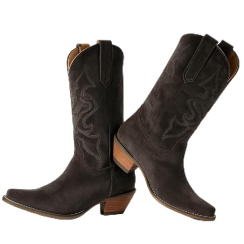 Image of LEHOOR Cowboy Boots Women Embroidered Mid Calf Western Boots Stacked Low Heel Pointed Toe Pull On Cowgirl Boot 4-11 M US
