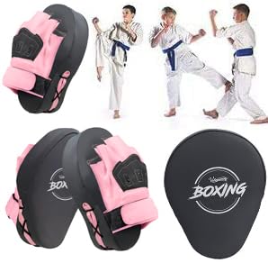 Image of Valleycomfy Boxing Curved Focus Punching Mitts- Leatherette Training Hand Pads,Ideal for Karate, Muay Thai Kick, Sparring, Dojo, Martial Arts(Gray & Pink)
