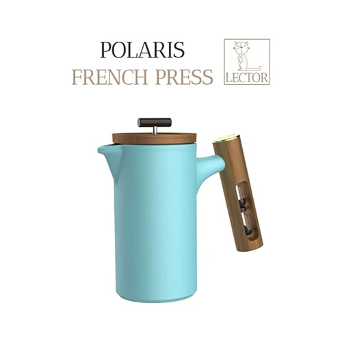 Image of LECTOR Polaris French Press Coffee Maker, 600ML, Ceramic, Manual Coffee & Tea Brewer with Natural Wooden Handle & Lid | Strong Build, Superior Filtration, Innovative 4 Minute Hour Glass Timer (Blue).
