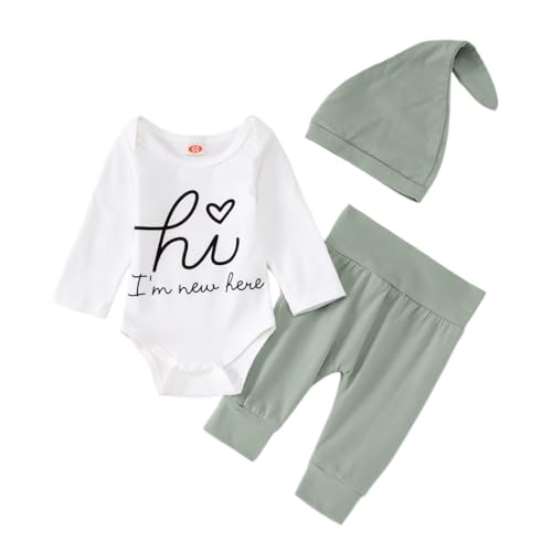 Image of CM C&M WODRO Newborn Baby Girl Boy Outfit Hi I'm New Here Print Long Sleeve Romper Top Solid Pants Hat 3PCs Clothes Set(Green)