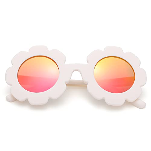 Nulooq Cute Flower Polarized Sunglasses For Kids Girls & Boys, Baby Toddler Infant Round Sunglasses Uv400 Protection Age 1-5 (White Frame/Purple Red Mirrored Lens) #TOP2