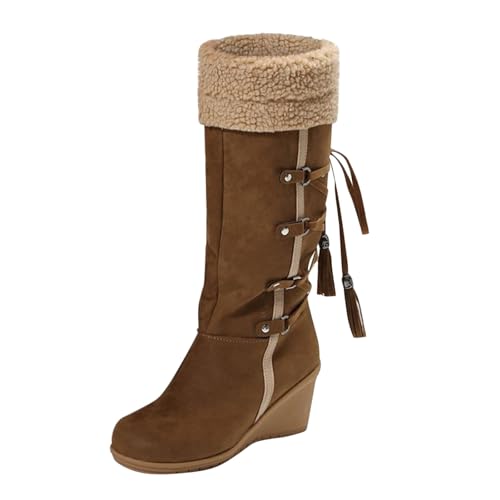Bottes d'hiver chaudes pour femme en daim marron et noir à talon compensé