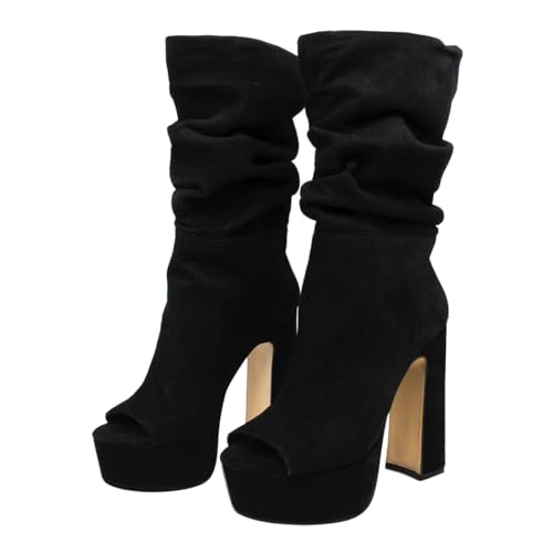 FSJ Women Stylish Peep Toe Slouch Ankle Boots Platform Chunky Block High Heels Bootie Pull On Fashion Shoes Size 4-16 US3