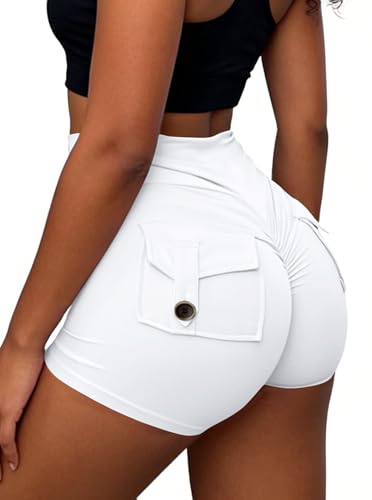 Avanova Women Booty Shorts with Pockets Scrunch Butt Lifting Yoga Workout Gym Biker Cargo Shorts White Medium