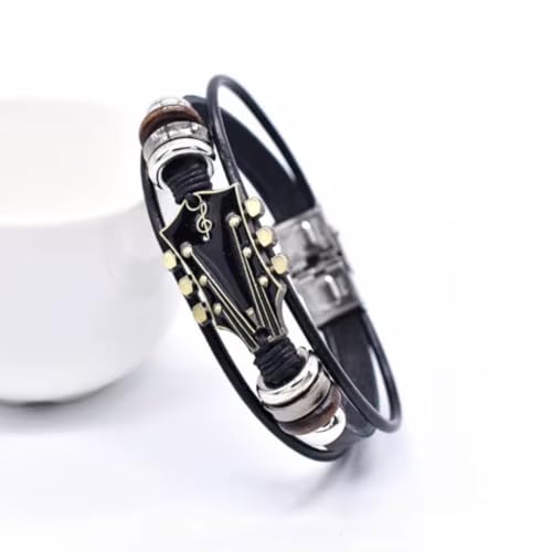 Image of Guitar Leather Bracelet for Men & Women | Retro Rock Music Bracelet with Stainless Steel Clasp | Faux Leather Wristband | Gift for Guitarists & Music Lovers
