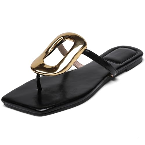 Flip-Flops Sandals for Women Comfortable Open Square Toe Slip on Beach Thong Sandals Casual Fashion Ladies Slipper Dressy Metal Decoration Summer Shoes.