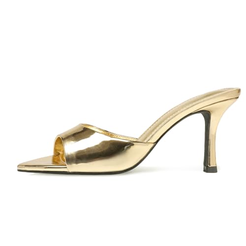 Image of Riekhany High Heel Mules for Women Slip On Open Pointed Toe Classy Patent Leather Stiletto Pumps Formal Slingback Mule Sandals Dress Walking Shoes