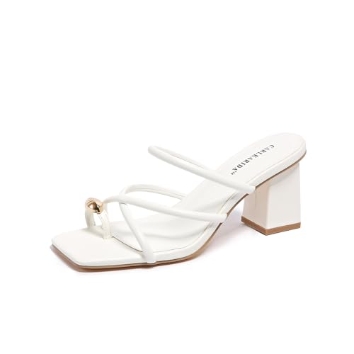 Image of Strappy Heels For Women Low Chunky Block Heel Heeled Sandals Square Open Toe Slip On Slides Flip Flops Mules