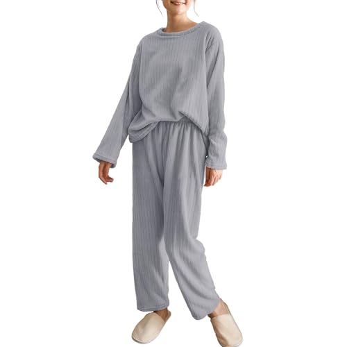 Hveuluop Gieen Ensemble Pyjama Côtelé pour Femme – Haut à Manches Longues et Col Rond et Pantalon en Polaire Corail, Coupe Confortable, en Velours...