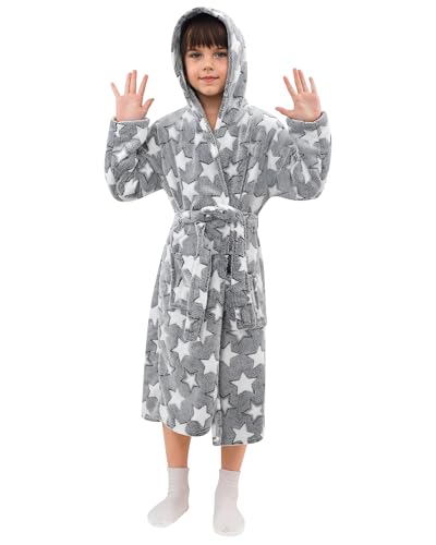 KAKU NANU Girls Dressing Gown Fleece Fluffy Hooded Dressing Gown Girls Robe Bathrobe Grey Gift 10 11 Years