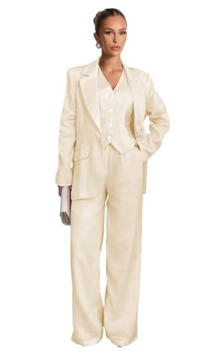 Cream Suit for Women Linen 3 Piece Plus Size Womes Suits Sexy V Neck Wedding Summer Womens Pant Suits for Prom Tuxedos Size 4X-Large