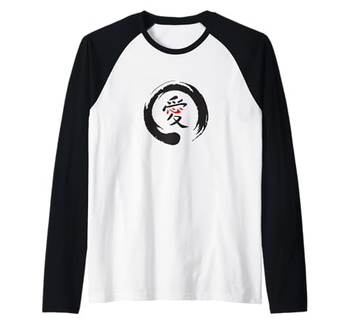 Amor en Enzo Zen Circle, Caligrafía Kanji, Rico en Significado Camiseta Manga Raglan