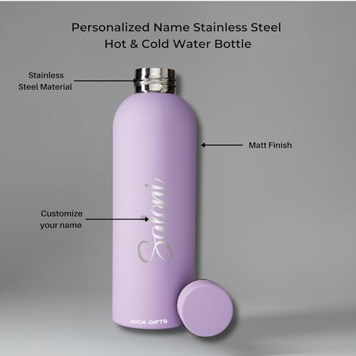 Image of AICA Personalized Name Stainless Steel Water Bottle -500ml -12Hrs Hot & 18Hrs Cold (Purple) |Customised Gift For Man Woman Girl Boy