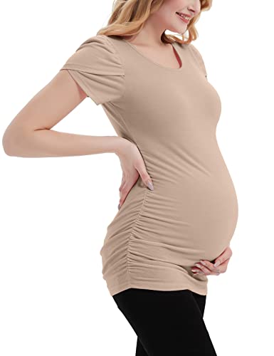 Debelly Maternity T-Shirts Petal Sleeve Round Neck Pregnancy Tunic Side Ruched Short Sleeve Maternity Casual Shirts,Brown,M #TOP2