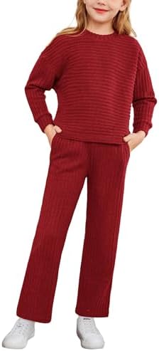 Arshiner Girl’s 2 Piece Outfit Sweater Set Batwing Sleeve Knit Pullover Straight Leg Pants Tracksuit with Pockets