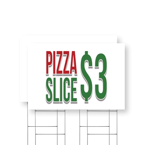 Pizza Slice $3 Yard Sign 2 Pack of 24 Inch x 36 Inch Double Sided Weatherproof Heavy-Duty Plastic with Stake | Budget-Friendly Pricing, Fresh Ingredients, Restaurant Specials | Made in USA