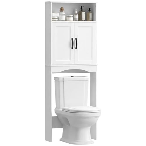 HOMCOM Meuble sur WC, Armoire sur WC, Meuble de Salle de Bain avec 2 Portes à Fermeture silencieuse, étagère Ouverte pour buanderies, Petits espaces, 64 x 21 x 173,5 cm, Blanc