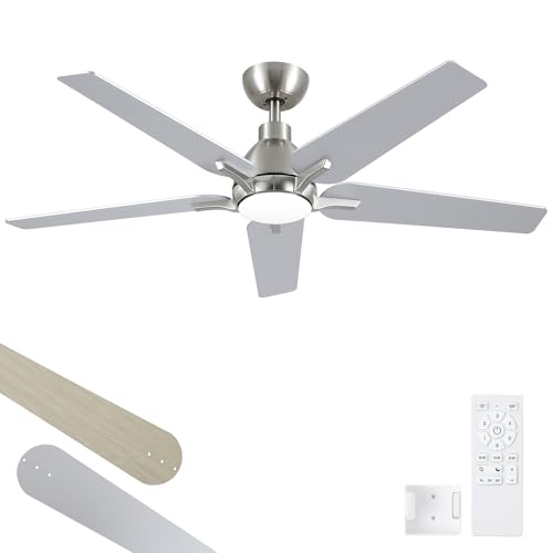 putroad 52 Inch Ceiling Fans with Lights and Remote, Brushed Nickel Modern Ceiling Fan for Bedroom, Living Room, Dining room, Patio, 3CCT Dimmable 6 Speeds DC Quiet Reversible