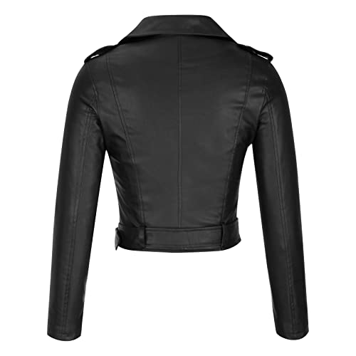Faux Leather Jacket Women Cropped Faux Leather Textured Short Moto Jacket Zip-up Slim PU Biker Coat with Belt4