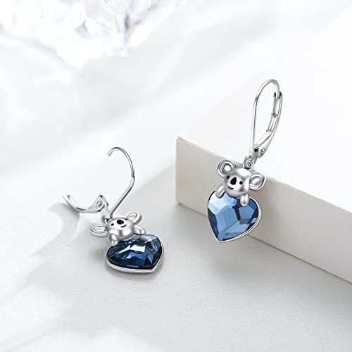 Koala Earrings 925 Sterling Silver Heart Crystal Jewelry Koala Bear Dangle Drop Earrings For Women Girls Hypoallergenic Leverback Earring For Sensitive Ears Graduation Gift #TOP3