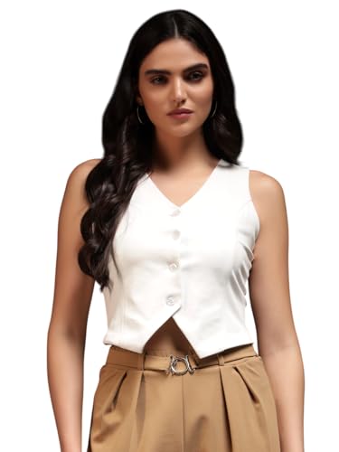 Image of Trend Arrest.ed Women's V-Neck Waistcoat | Button-Down Sleeveless Top | Premium Stretchable Lycra Formal & Casual Layer