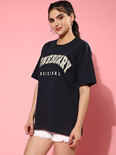 Image of JUNEBERRY Pure Cotton Oversized Drop Shoulder Brand Logo Typography Print Round-Neck Baggy Fit T-Shirt for Women (Available in Navy, Green & Pink Colors)