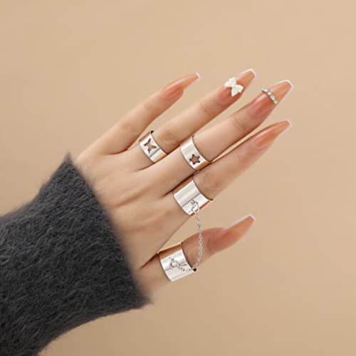 Chain Ring Punk Style Opening Personality Creativity Hollow-Out Five-Pointed Star Butterfly Ring 4-Piece Set #TOP17
