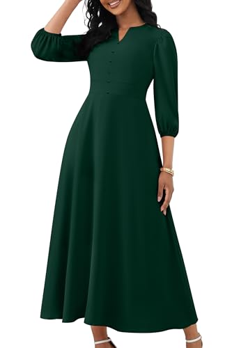 Image of FANDEE Maxi Dress for Women Casual 3 /4 Sleeve V Neck Semi Formal Fit and Flare Dress Classy High Waist Wedding Guest Dresses