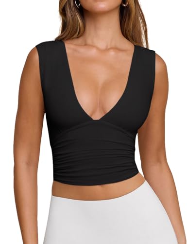 YFANG Women's Sexy Deep V-Neck Ruched Sleeveless Crop Tank Top Stretchy Double Layer Slim Fitted Going Out Crop Top4