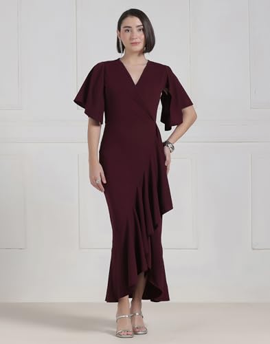 Image of Selvia Wine Flutter Sleeve Bodycon Midi Dress for Women, V-Neck Ruffle Hem Outfit