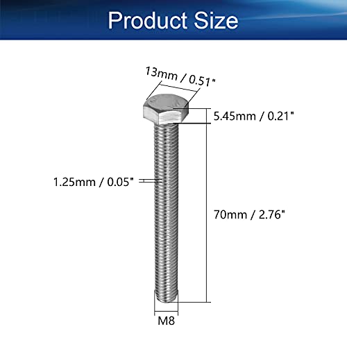Image of Bettomshin 5Pcs M8 x 70mm Hex Bolts, 304 Stainless Steel 1.25mm Thread Pitch Fully Threaded Metric Hex Head Screw Bolts, Hexagon Screw Bolt, Hex Tap Bolts, Silver (Overall Size 75.45x13x13mm)