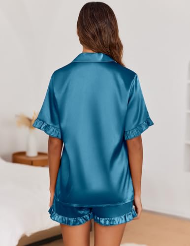 Image of Ekouaer Satin Pajama Set for Women 2 Piece Pj Sets Short Sleeve Sleepwear | Super Soft Silky Summer Loungewear Set with Ruffle Short Sleeve Top and Pocket Shorts, Casual Travel Daily Gift
